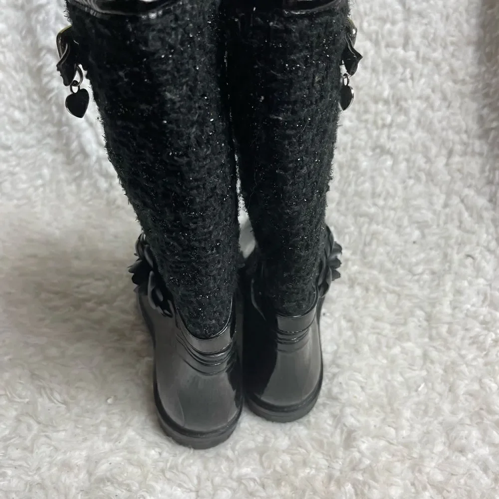 Stuart Weitzman girl Waltz Black mid calf  rain boots glitter accent size 3